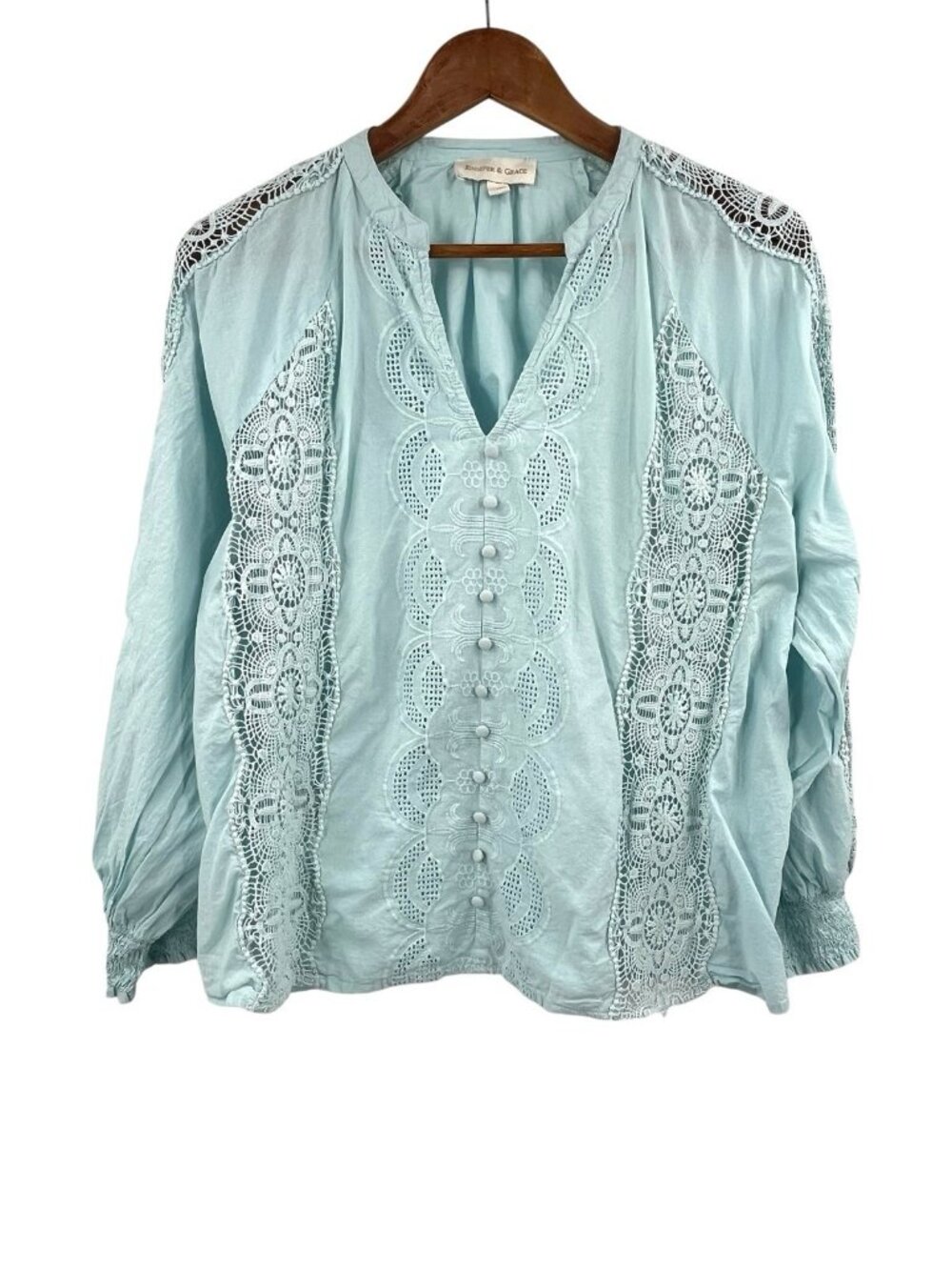 JENNIFER & GRACE Women's Light Blue Lace Crochet V-Neck L/S Blouse 1X